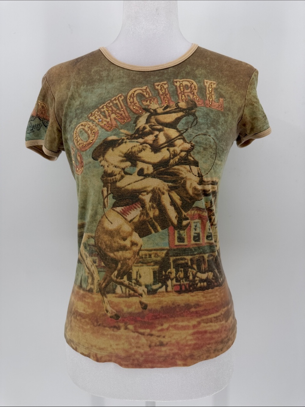 Skinny Minnie Cowgirl Western Graphic Rhinestone Baby Tee Y2K Medium